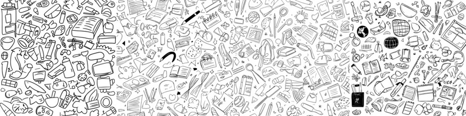 A modern line art school seamless pattern featuring monochrome doodles of education and school supplies is suitable for various applications