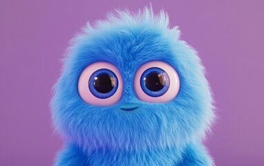 Fototapeta premium Cute fluffy blue creature with huge eyes on purple background