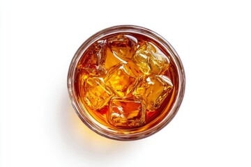 Glass of amber liquid on solid white surface. AI generated