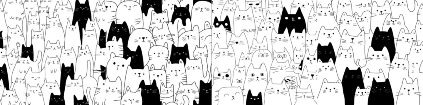A seamless pattern featuring doodle cats is available, showcasing black and white cute cats as a background