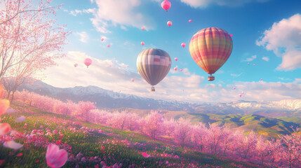 Fototapeta premium Hot air balloons floating over vibrant spring landscape with blossoms and mountains