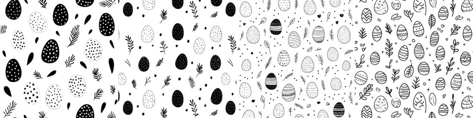 A modern seamless Easter pattern featuring black and white watercolor and ink illustrations of Easter eggs and leaves