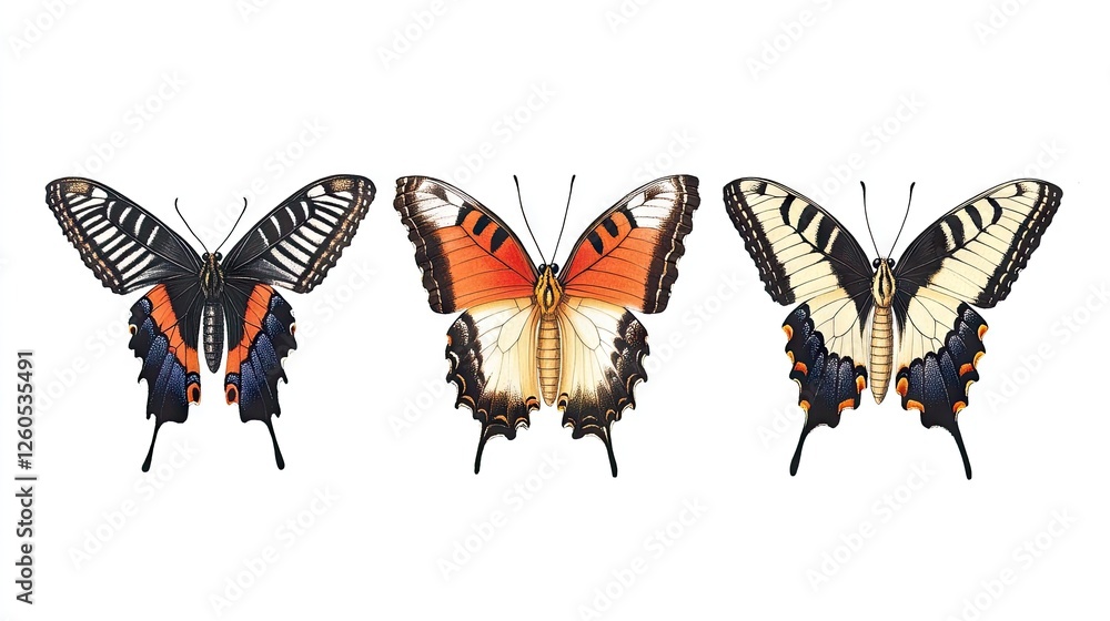 Poster a time-lapse-inspired image showing different stages of a butterflys metamorphosis from caterpillar 