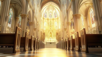 Obraz premium Majestic Cathedral Interior Sunlight Illuminates Rows Of Pews