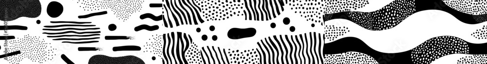 Poster a set of three abstract seamless patterns in black and white, featuring various lines and shapes, is