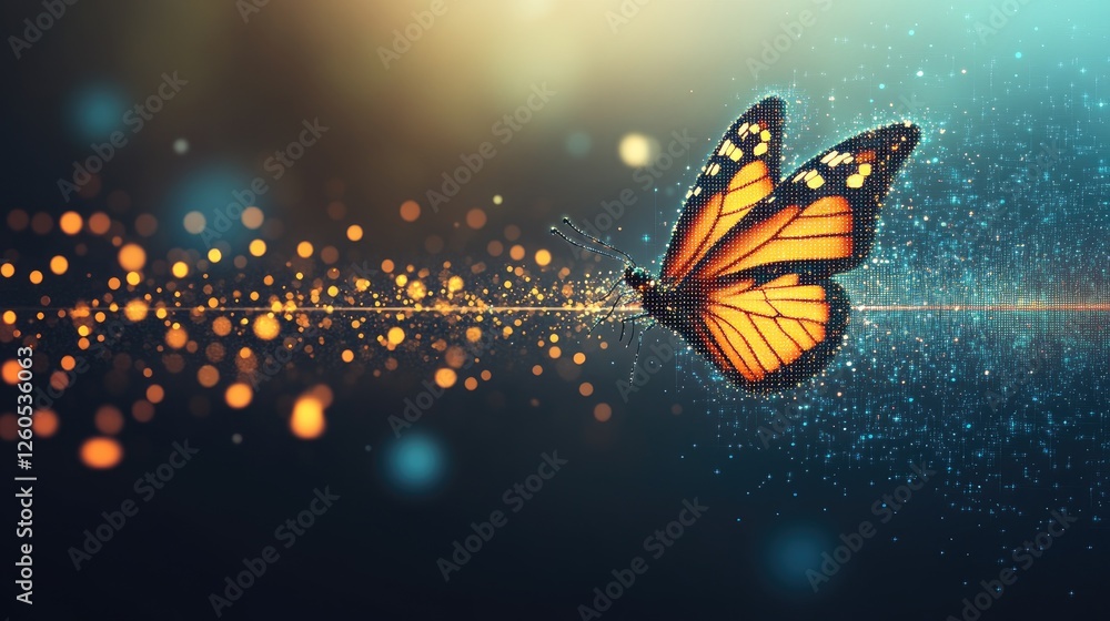 Poster a vibrant digital transformation concept with a butterfly emerging from pixelated elements, symboliz