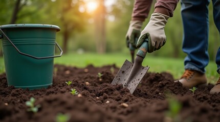 Naklejka premium Gardener wearing gloves planting seedlings in soil using hand shovel with green bucket nearby in outdoor garden