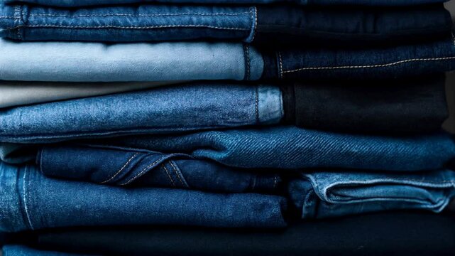Stack of folded denim jeans in various shades of blue and black fabric textures.