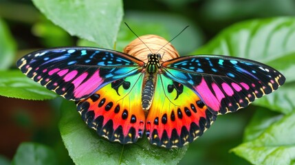 A vibrant tropical butterfly perched on its empty cocoon, freshly hatched and spreading its delicate wings for the first time.