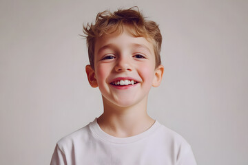 Photo portrait of a boy brushing his teeth with toothbrush smiling with clean teeth. For a dental ad, isolated on white background