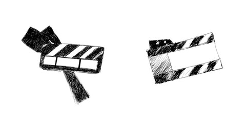 Naklejka premium A hand-drawn, modern sketch of a movie clapperboard doodle icon, used on film sets for cinema production to signal the start of a video clip scene with the iconic lights, camera, action phrase