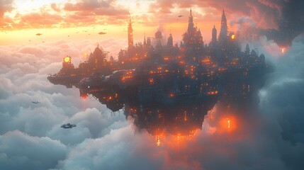 Floating City in Clouds at Sunset, Sci-Fi Fantasy