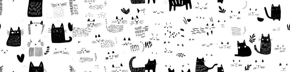 A seamless pattern featuring colorful cats in various poses, reminiscent of a child's drawing, suitable for fabric, wrapping paper, textiles, wallpaper, and clothing, showcasing a creative and modern