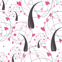 Lovers park. Vector romantic background with heart shaped leaves on trees. Seamless pattern 