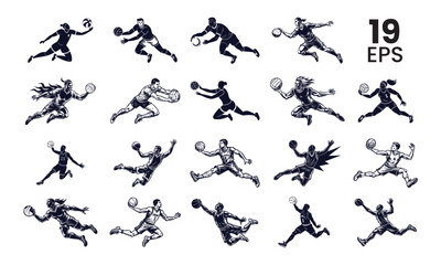 Set of Basketball player jumping dunking in silhouette isolated white background