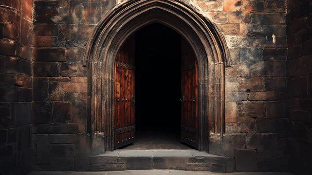 Wooden open doors in medieval castle