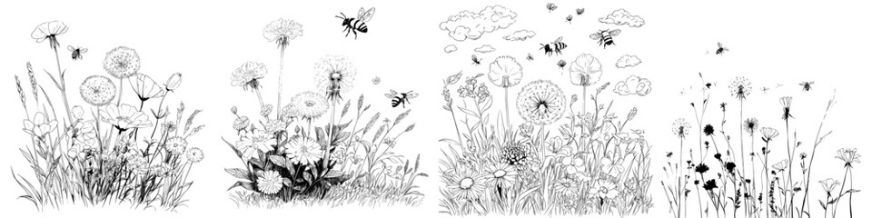 Black silhouettes of various flora, including grass, spikes, and herbs, are set against a white backdrop, accompanied by hand-drawn illustrations of flowers and bees