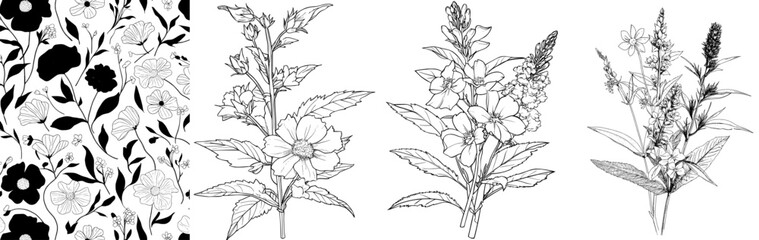 Modern illustration of a bouquet of flowers and leaves in a vintage style