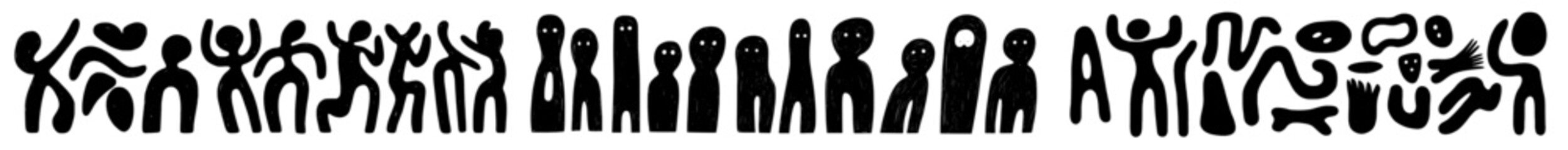 A collection of hand-drawn shapes, doodle objects, and people silhouettes in a modern and trendy style, presented in a black monochrome concept with a dark theme, where all elements are isolated © Andrei