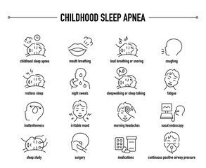 Childhood Sleep Apnea symptoms, diagnostic and treatment vector icon set. Line editable medical icons