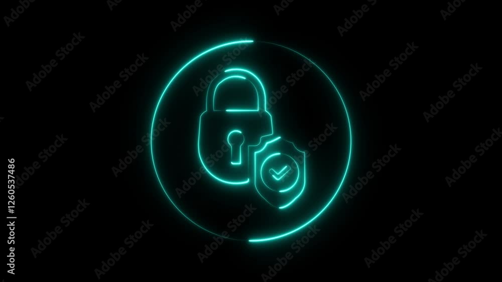Poster glowing neon lock security icon. shield security.personal data protection.abstract security icon ill