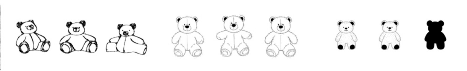 A contemporary illustration featuring a cute teddy bear depicted in various poses, all created by hand