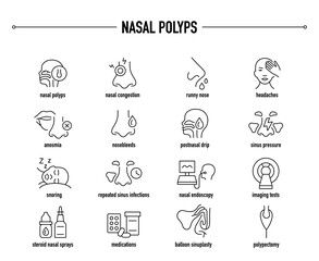Nasal Polyps symptoms, diagnostic and treatment vector icon set. Line editable medical icons