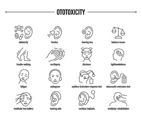 Ototoxicity symptoms, diagnostic and treatment vector icon set. Line editable medical icons