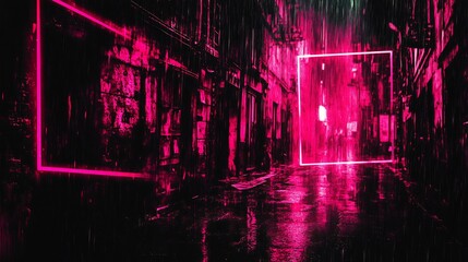 Obraz premium Rainy city alley glows vibrantly pink neon light frames dynamic composition. AI Generated