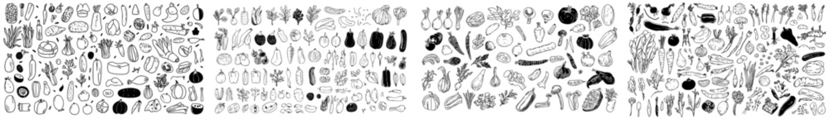 Modern icons are outlined by vegetables in a set that includes monochrome artichoke, leek, culinary herbs, corn, garlic, cucumber, pepper, onion, celery, asparagus, cabbage, and more © Andrei