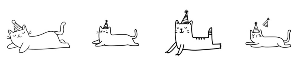 Monochrome illustration of a cute cat stretching in contour