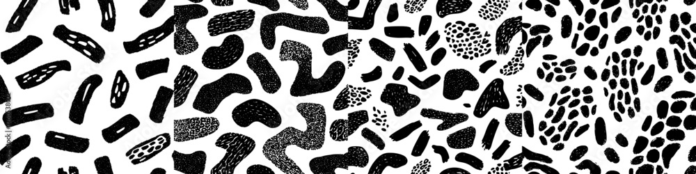Poster abstract art featuring a minimalist hand-drawn grunge seamless pattern with black strokes on a creat