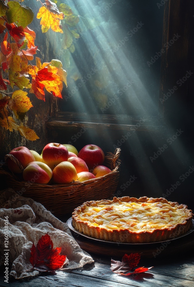 Poster autumn harvest scene with fresh apples and golden pie illuminated by soft light in rustic setting