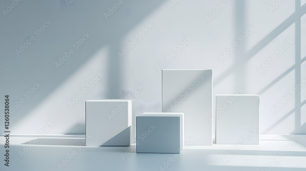 Poster white cubes arranged in a bright minimalistic room with a window and clean studio lighting