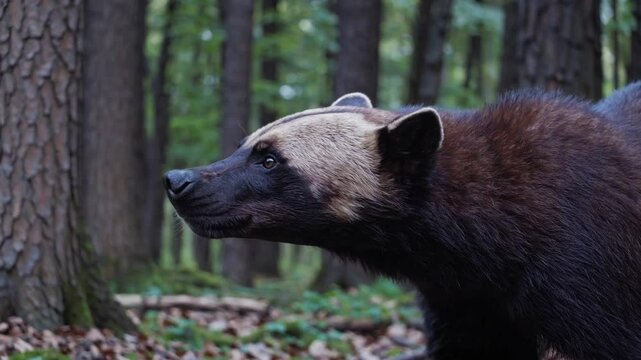 Slow Motion Shot of a Wolverine Animal &ndash; Powerful and Agile Predator, Thick Fur Coat, Fierce Wilderness Presence, Rugged Natural Habitat, Strong and Resilient Mammal, Serene Wildlife Scene, Elusive 