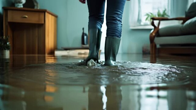 feet in rubber boots walking through a flooded house