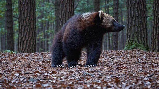 Slow Motion Shot of a Wolverine Animal &ndash; Powerful and Agile Predator, Thick Fur Coat, Fierce Wilderness Presence, Rugged Natural Habitat, Strong and Resilient Mammal, Serene Wildlife Scene, Elusive 