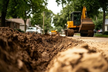 Excavator digging trench on street; city street; infrastructure project