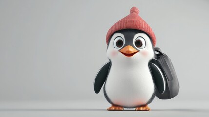 Cartoon Penguin with Hat and Bag, Studio Shot