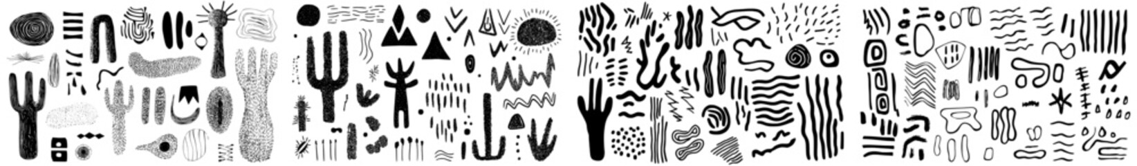 A collection of abstract black and white African art shapes is presented, featuring tribal doodle decorations and a set of various elements