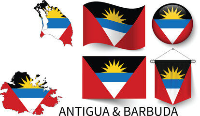 The different designs of Antigua and Barbuda's national flags and the map showing Antigua and Barbuda's borders