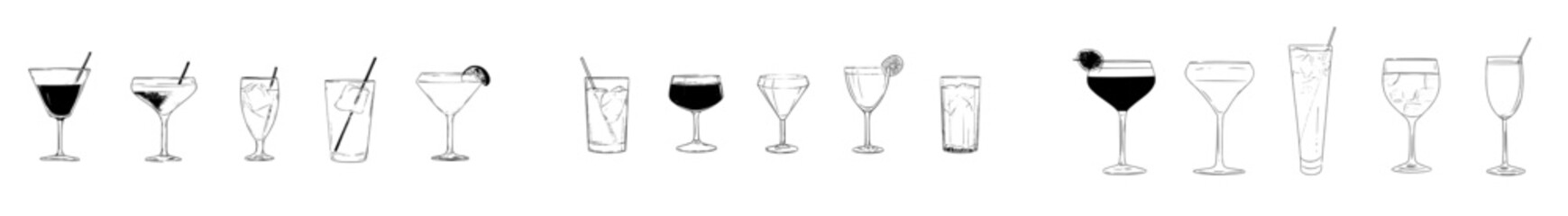 Cocktails are depicted in a modern illustration with a monochrome color engraving style