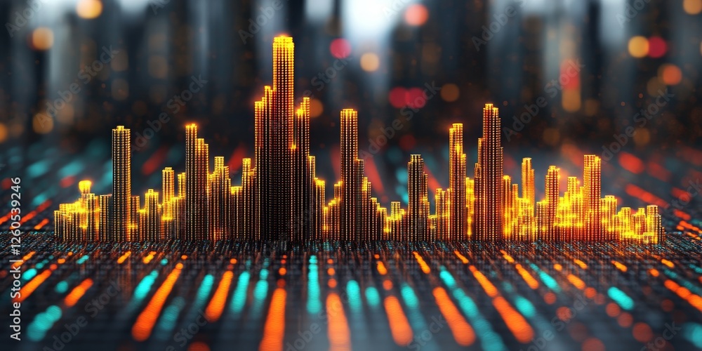 Poster abstract data visualization of a digital city emerging from a circuit board with connecting nodes