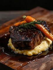 A luxurious ribeye steak paired with creamy polenta, roasted heirloom carrots, and a rosemary-infused jus on a polished wooden board