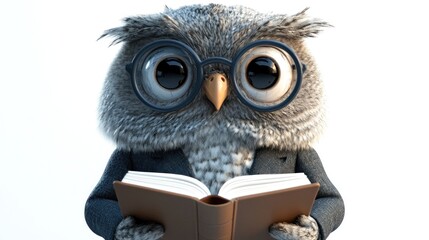 Cute owl in suit reading book