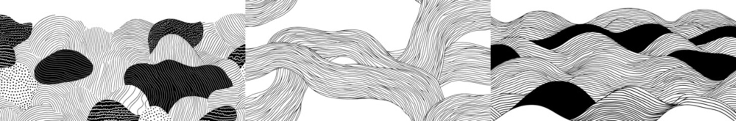 Modern minimalist fine wave outline backgrounds are exemplified by this abstract black and white hand drawn wavy line drawing, which forms a seamless pattern and creative monochrome wallpaper texture
