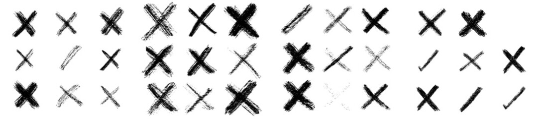 Modern X and V symbols, along with doodle cross and check marks, square boxes, and circle frames, comprise manuscript writing elements