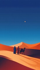 Captivating desert poster featuring sand dunes, blue sky, camel, and muslim figures in warm tones