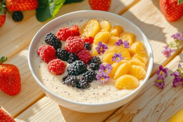 Healthy breakfast bowl with fruit and chia seeds outdoors for a healthy diet