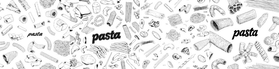 Modern hand drawn design featuring pasta pattern, created as a vintage line art illustration